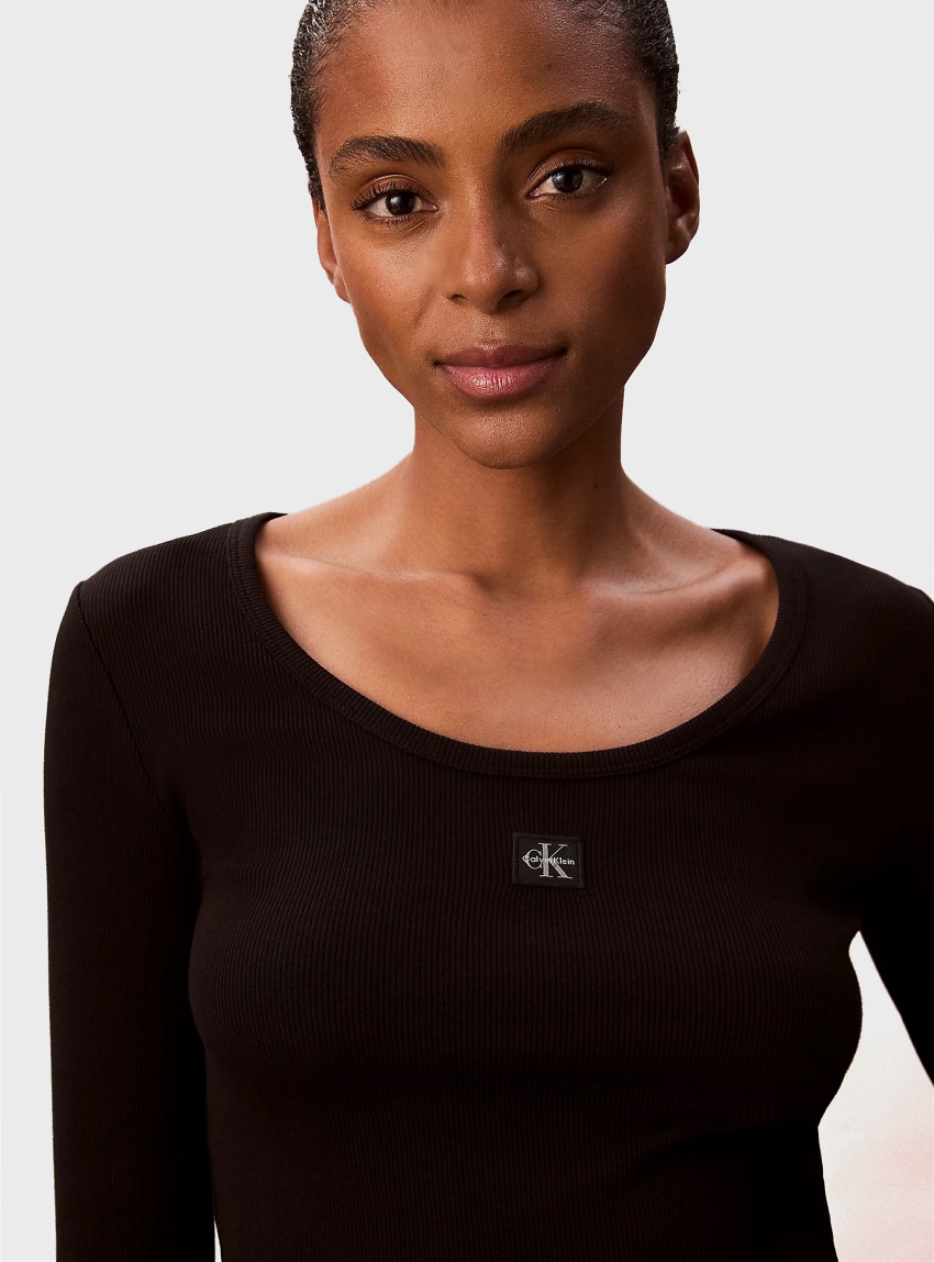 Calvin Klein Ribbed Cotton Long Sleeve Top - Black