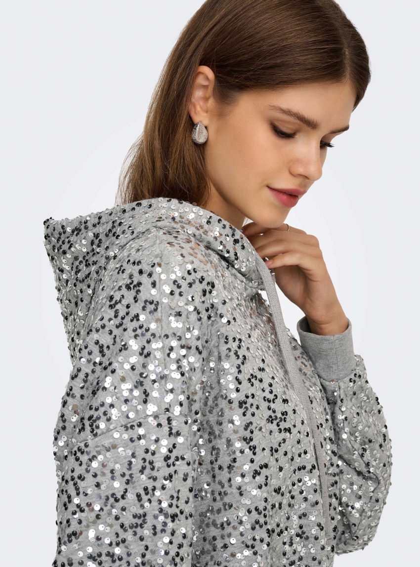 Only Jada Sequins Hood Sweater - Light Grey Melange