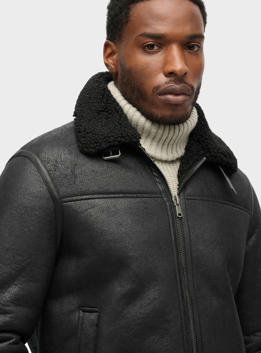 Superdry Faux Shearling Aviator Jacket - Black