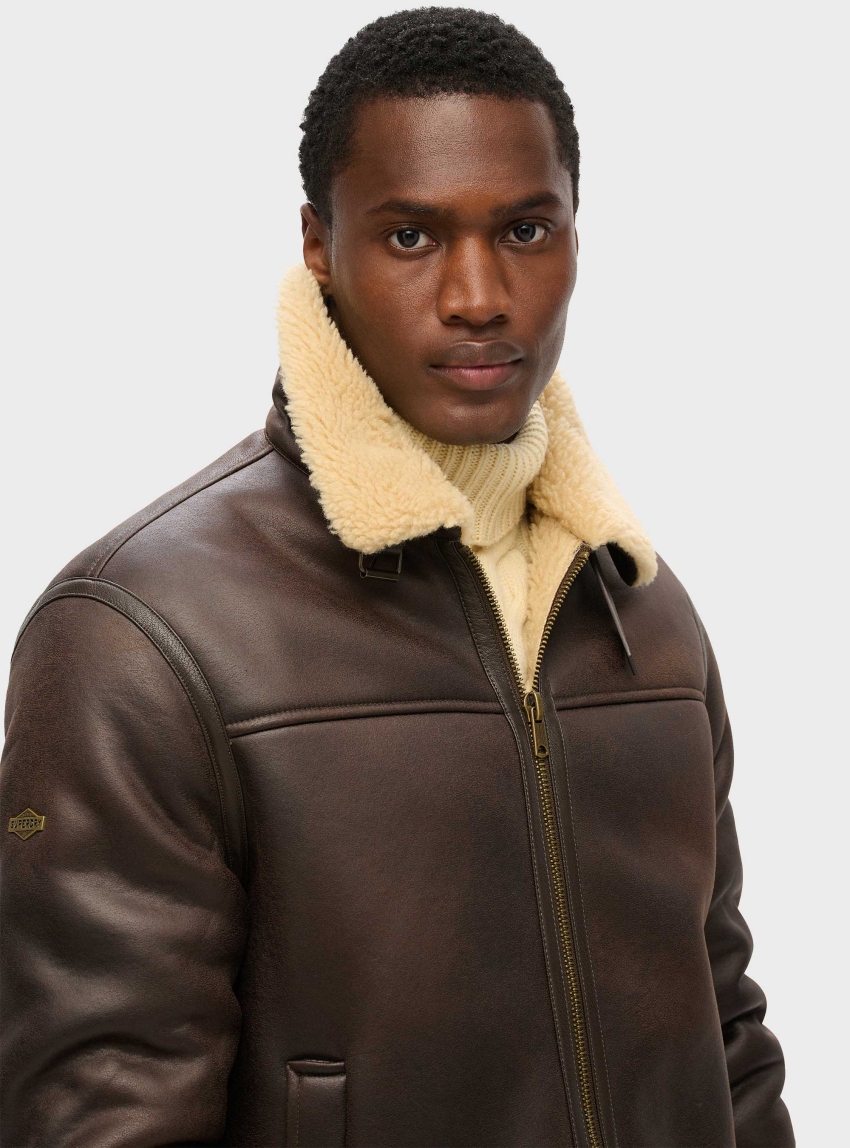 Superdry Faux Shearling Aviator Jacket - Dark Brown