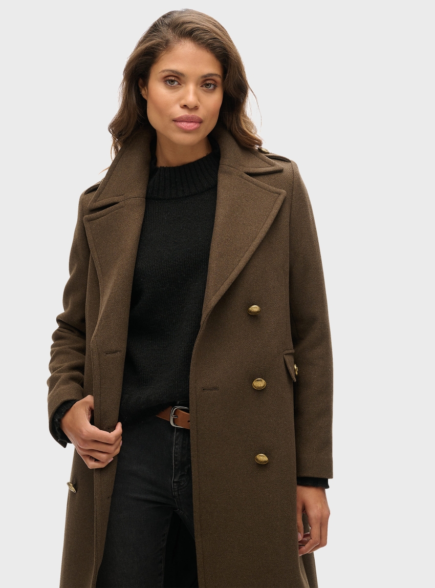 Superdry Double Breasted Wool Blend Coat - Dark Khaki