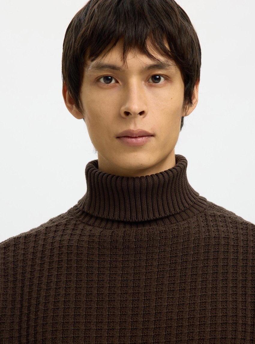 Selected Tom Structure Roll Neck Knit - Brown