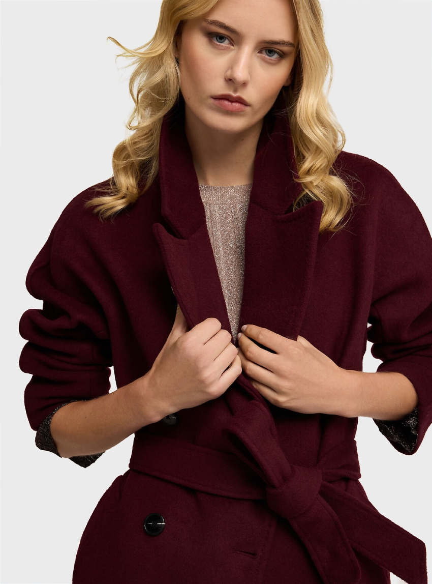 Motivi Double-breasted coat in wool blend drap - Bordeaux