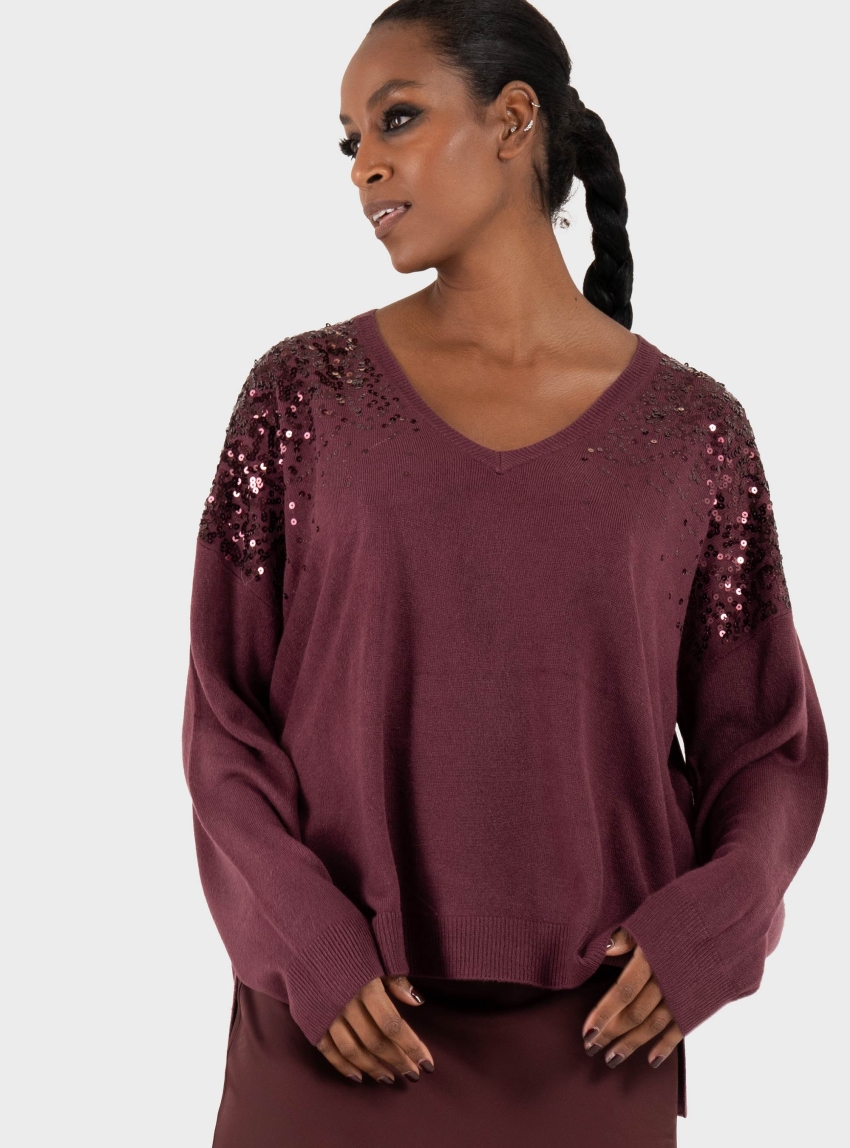 Only Starry Sequin Boxy V-Neck Knit - Bordeaux
