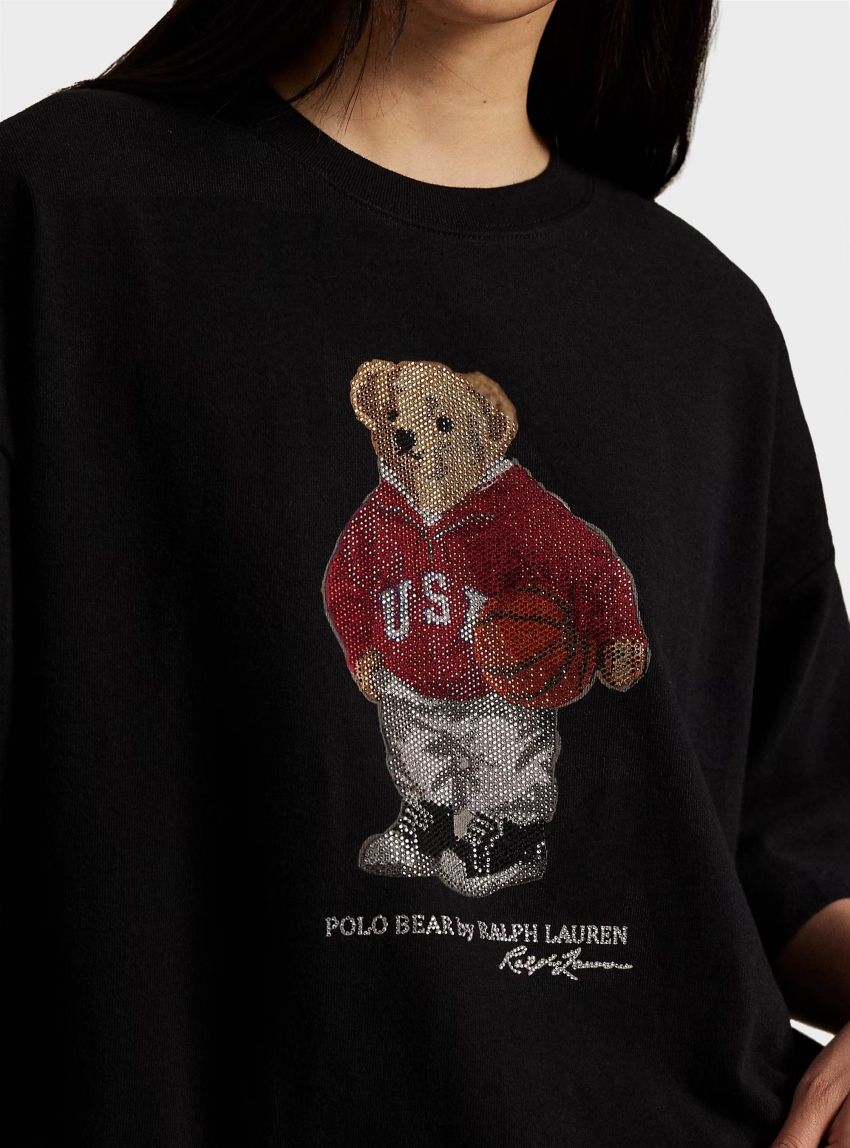 Polo Ralph Lauren Rhinestone Polo Bear Cotton Jersey Tee - Black