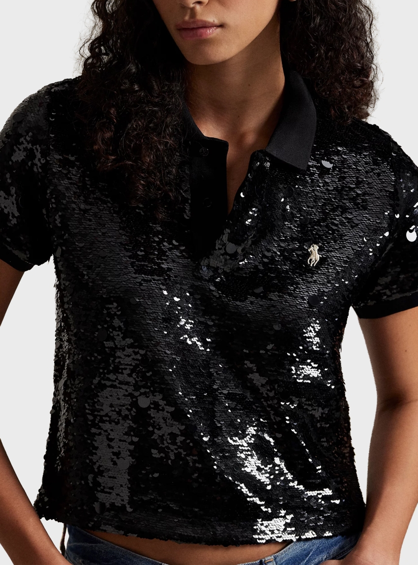 Polo Ralph Lauren Sequined Mesh Crop Polo Shirt - Black & White