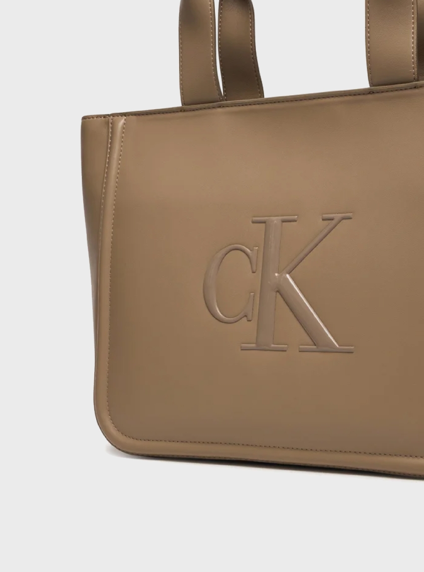 Calvin Klein Embossed Monogram Logo Tote Bag - Taupe