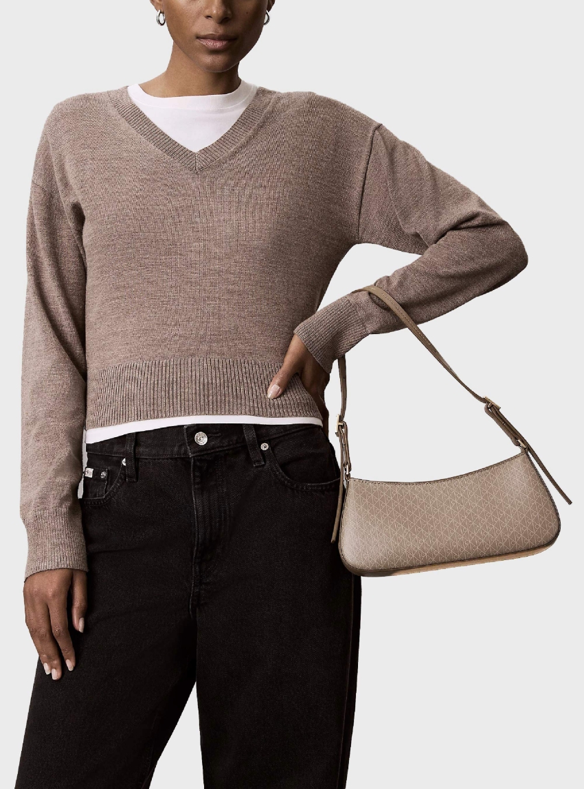 Calvin Klein Coated Emblem Small Shoulder Bag - Taupe