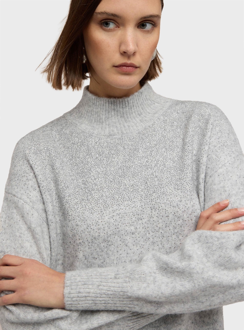 Motivi Regular Knit Dress With Rhinestones - Light Grey