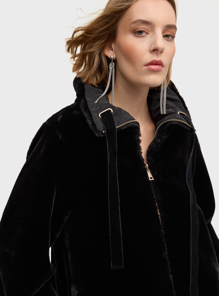 Motivi Reversible Plush Effect Coat - Black