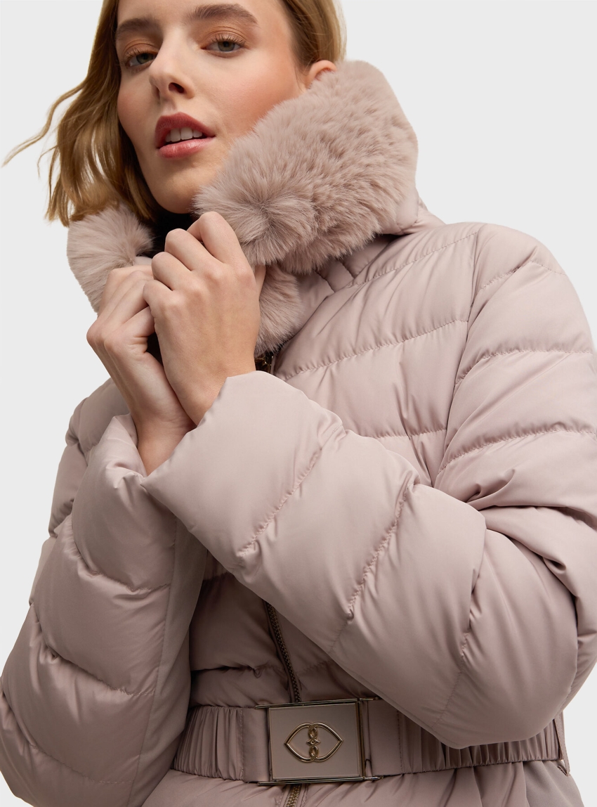 Motivi Long Down Jacket With Hood - Beige