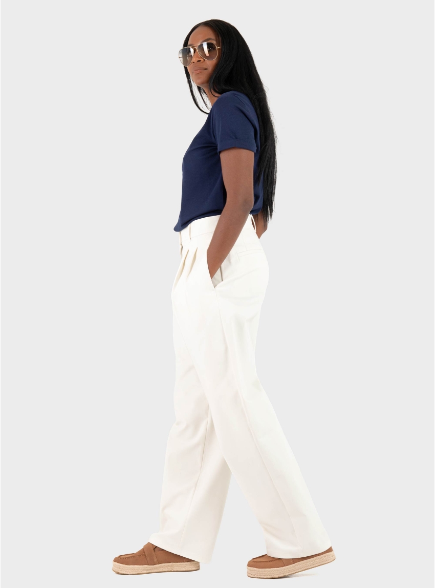 Calvin Klein Stretch Chino Pleated Wide Leg Pants - Ecru