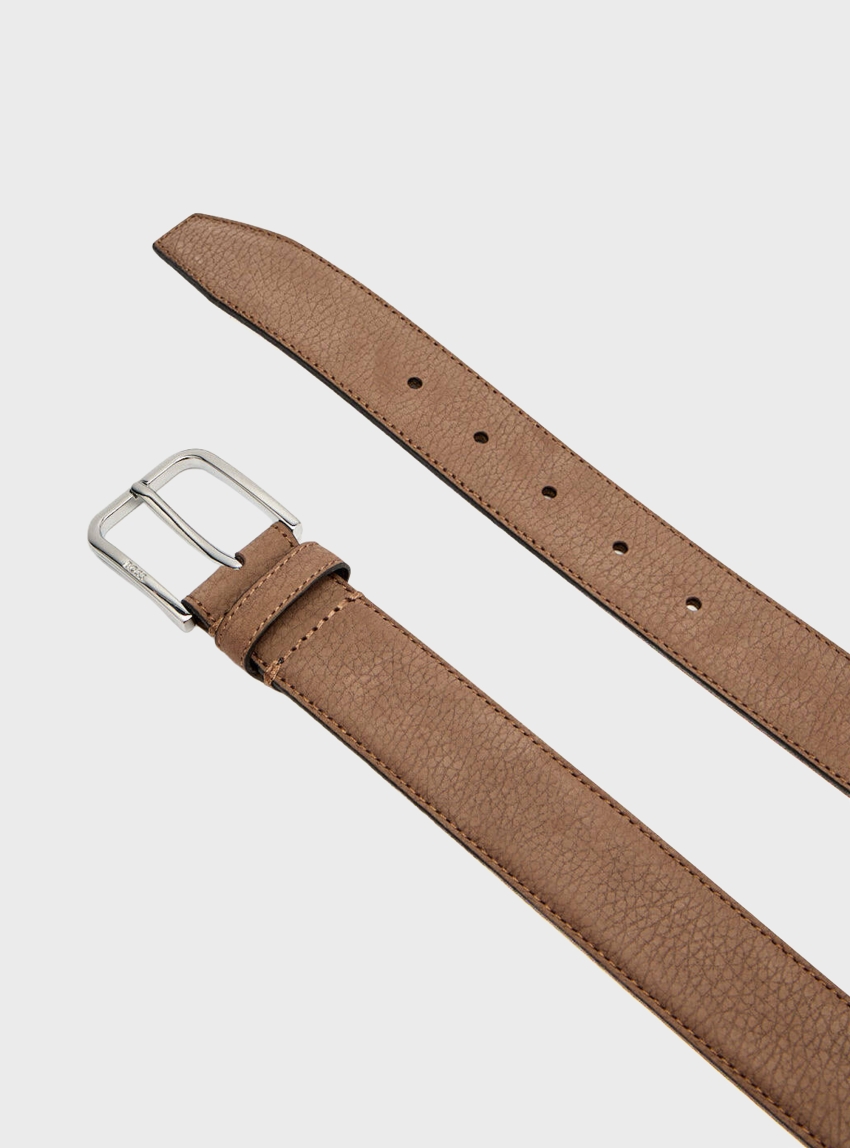 BOSS Italian-Nubuck Belt With Polished Pin Buckle Madison-B1_NbSt_Sz35 - Dark Beige