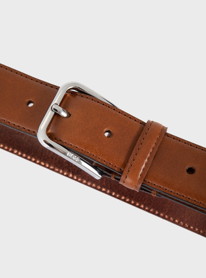 BOSS Smooth-Leather Belt With Silver-Tone Buckle Madison-B1_VLSt_Sz35 - Rust Brown