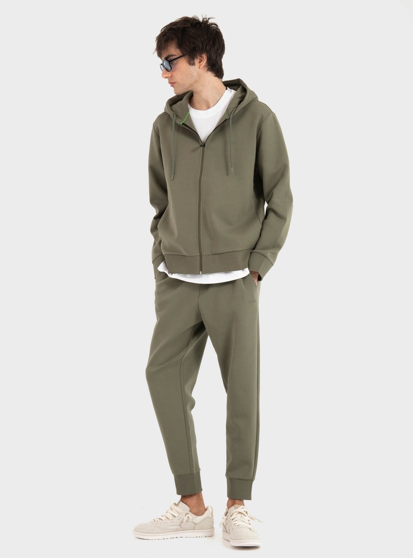 BOSS Zip-Up Hoodie In Stretch Cotton With Logo Detail  Saggy - Olive 