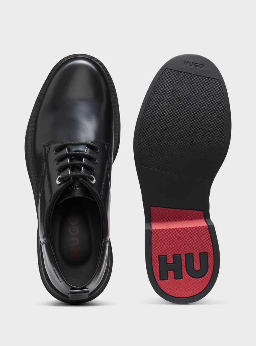 HUGO Dress Leather Derby Shoes With Rubber Outsole  Lenner_derb_boey - Black