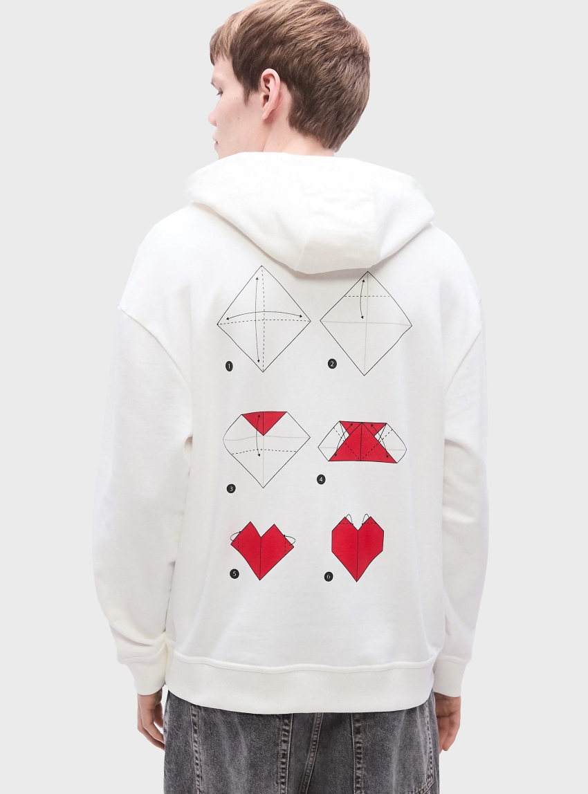 HUGO Cotton-Terry Hoodie With Origami-Heart Artwork  Dalentinos - White