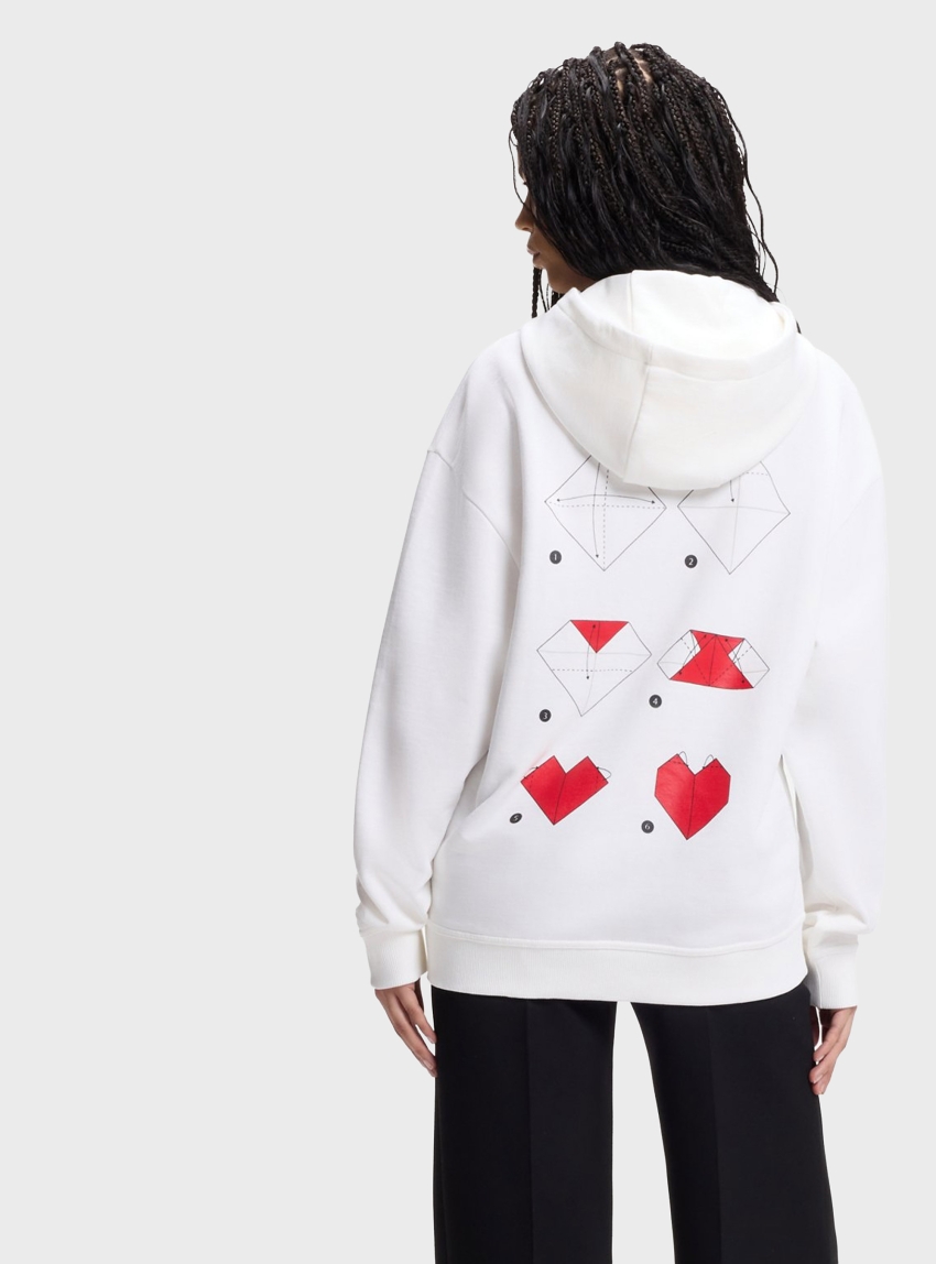 HUGO Cotton-Terry Hoodie With Origami-Heart Artwork  Dalentinos - White