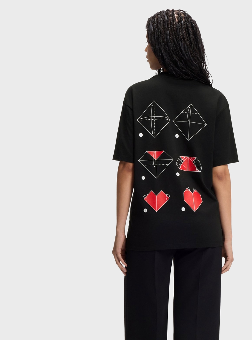 HUGO Cotton-Jersey T-Shirt With Origami-Heart Prints  Dalentin - Black