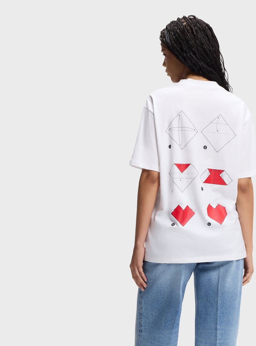 HUGO Cotton-Jersey T-Shirt With Origami-Heart Prints  Dalentin - White