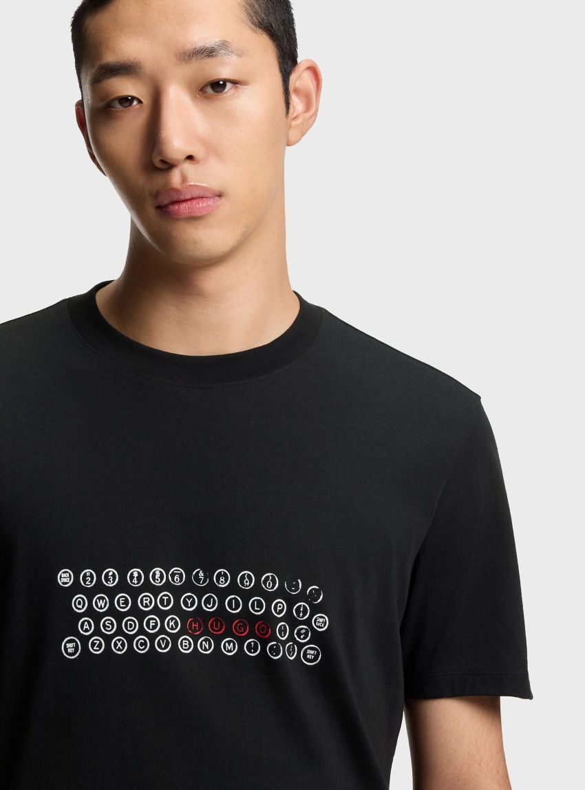 HUGO Cotton-Jersey T-Shirt With Printed Artwork  Deyss - Black