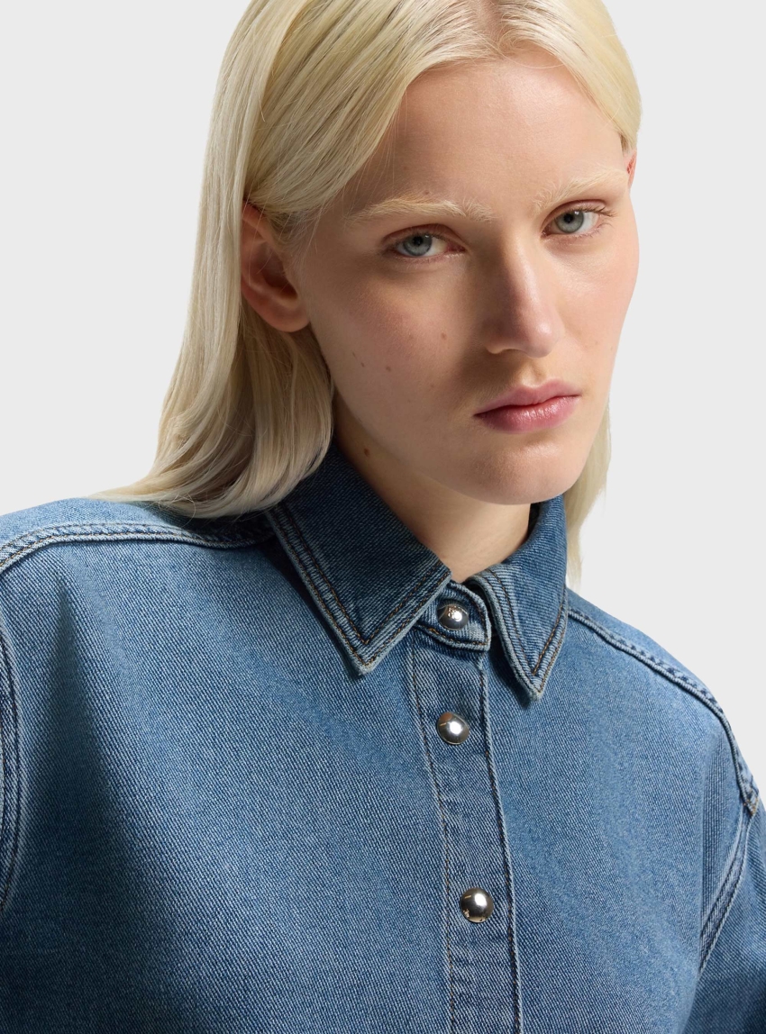 HUGO Blue Rigid-Denim Shirt With Polished Snaps  Gareve - Medium Aged Denim