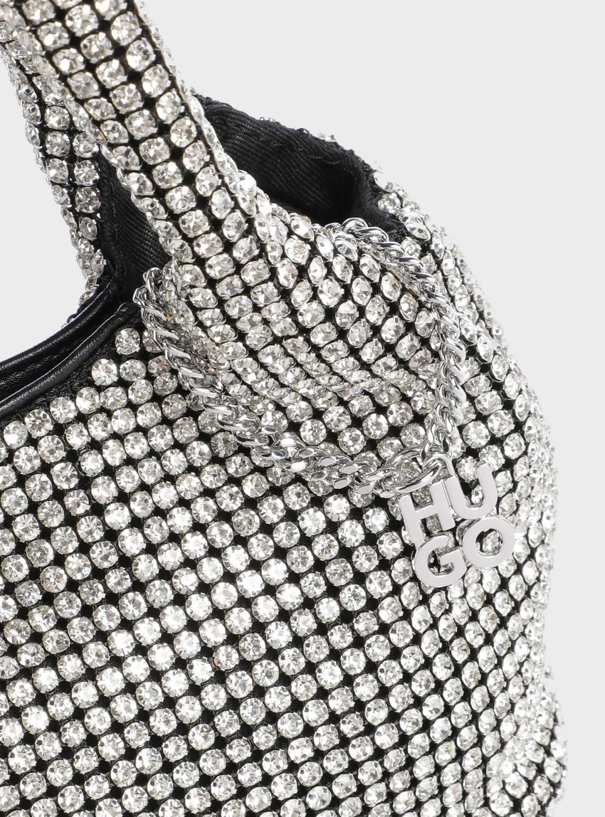 HUGO Large Embellished-Mesh Bag With Stacked-Logo Charm  Liora_Handbag - Silver