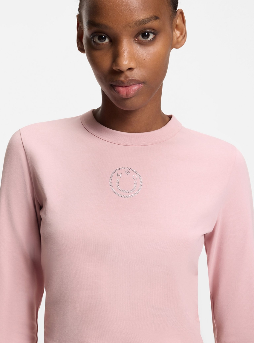 HUGO Stretch-Cotton Top With Rhinestone Happy Logo  Daliriee_B - Pink