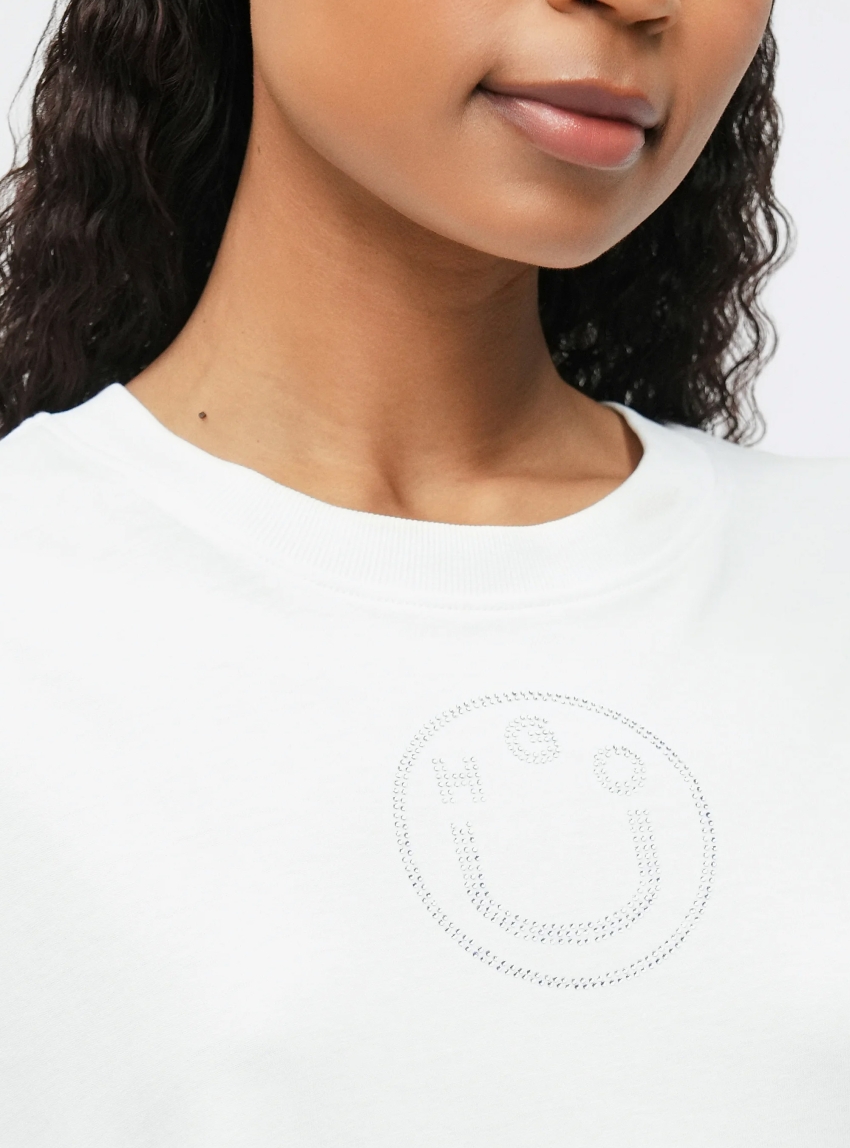 HUGO Oversized-Fit Cotton T-Shirt With Rhinestone Happy Logo Oversized _Tee_B_9 - White