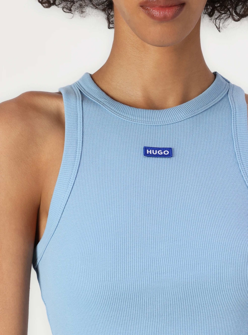HUGO Cropped Stretch-Cotton Tank Top With Blue Logo Label  Baby Tank_B - Light Blue