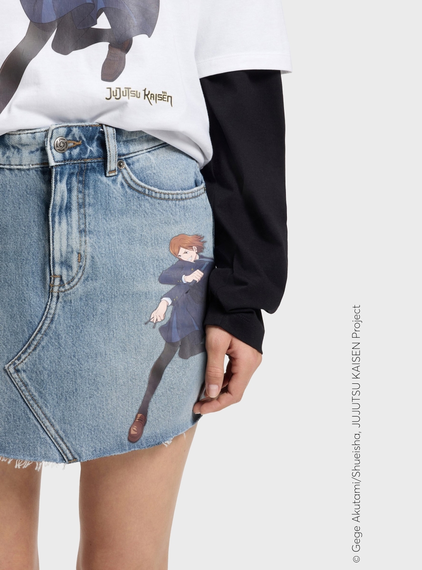 HUGO X Jujutsu Kaisen Denim Skirt With Nobara Print  Gadele_JJK - Medium Aged Denim