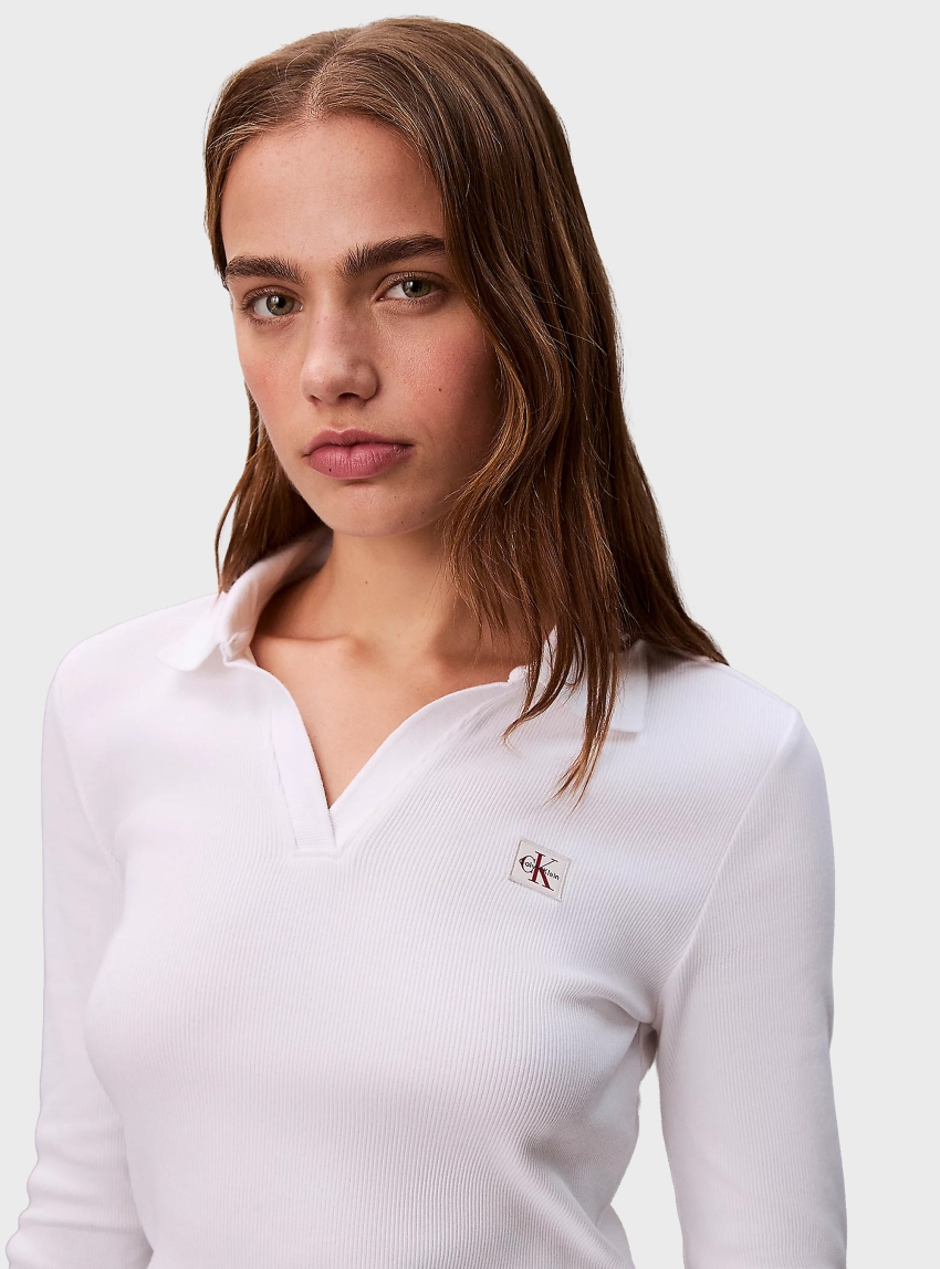 Calvin Klein Woven Monologo Rib Collared Top - White