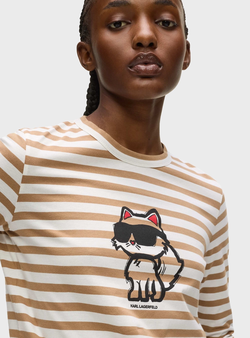 Karl Lagerfeld Ikon Stripe Long-Sleeved T-Shirt - Beige