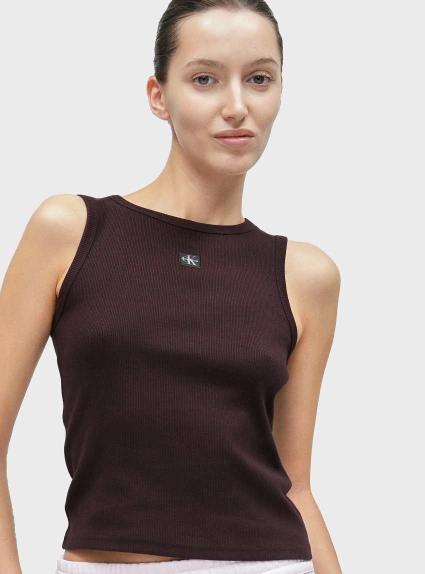 Calvin Klein Ribbed Cotton Badge Tank Top - Brown