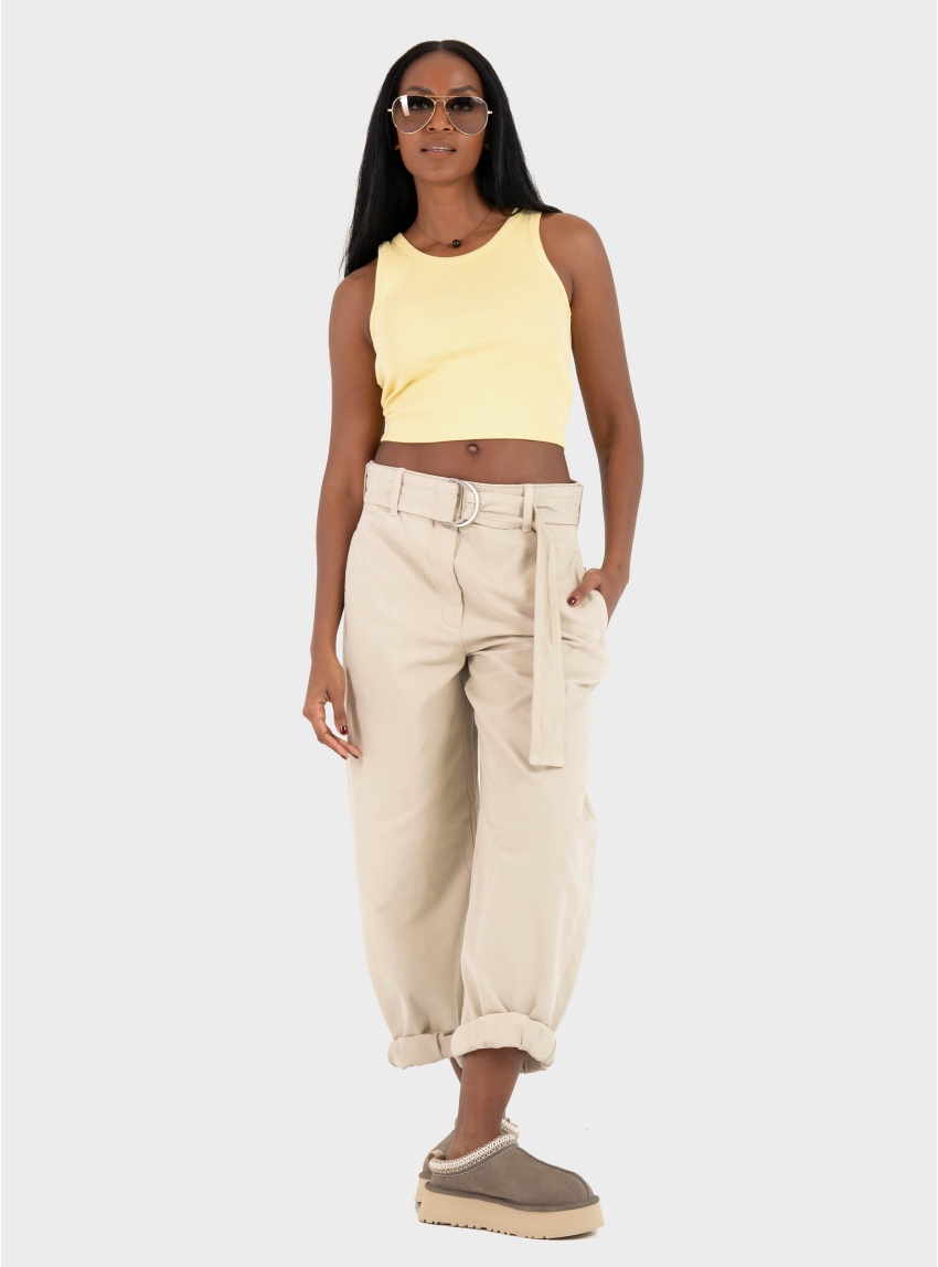 Calvin Klein Cotton Relaxed Belted Pants - Beige