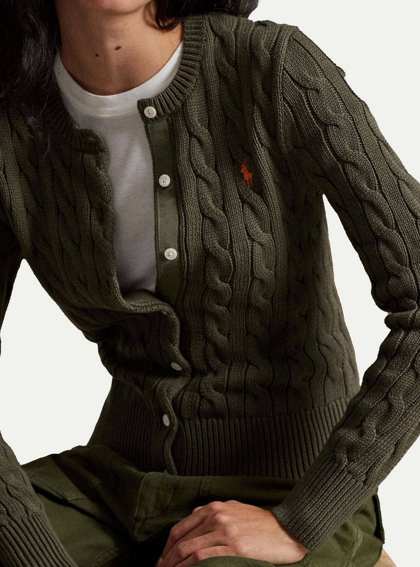 Polo Ralph Lauren Cable-Knit Cotton Crewneck Cardigan - Olive 
