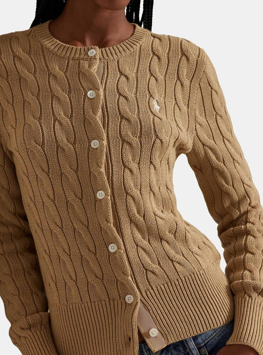 Polo Ralph Lauren Cable-Knit Cotton Crewneck Cardigan - Dark Beige