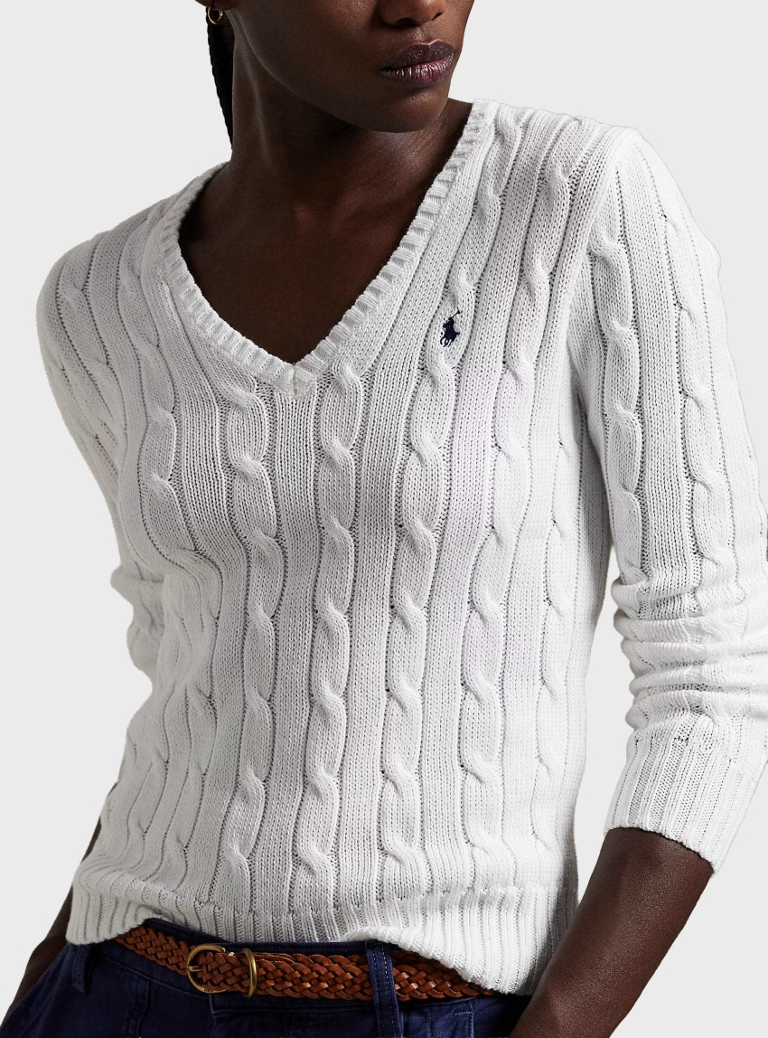 Polo Ralph Lauren Cable-Knit Cotton V-Neck Jumper - White