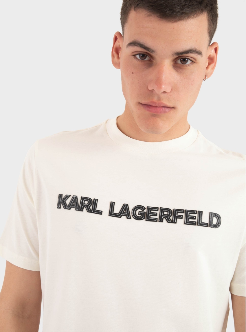 Karl Lagerfeld Faux Leather Logo T-Shirt - Off White