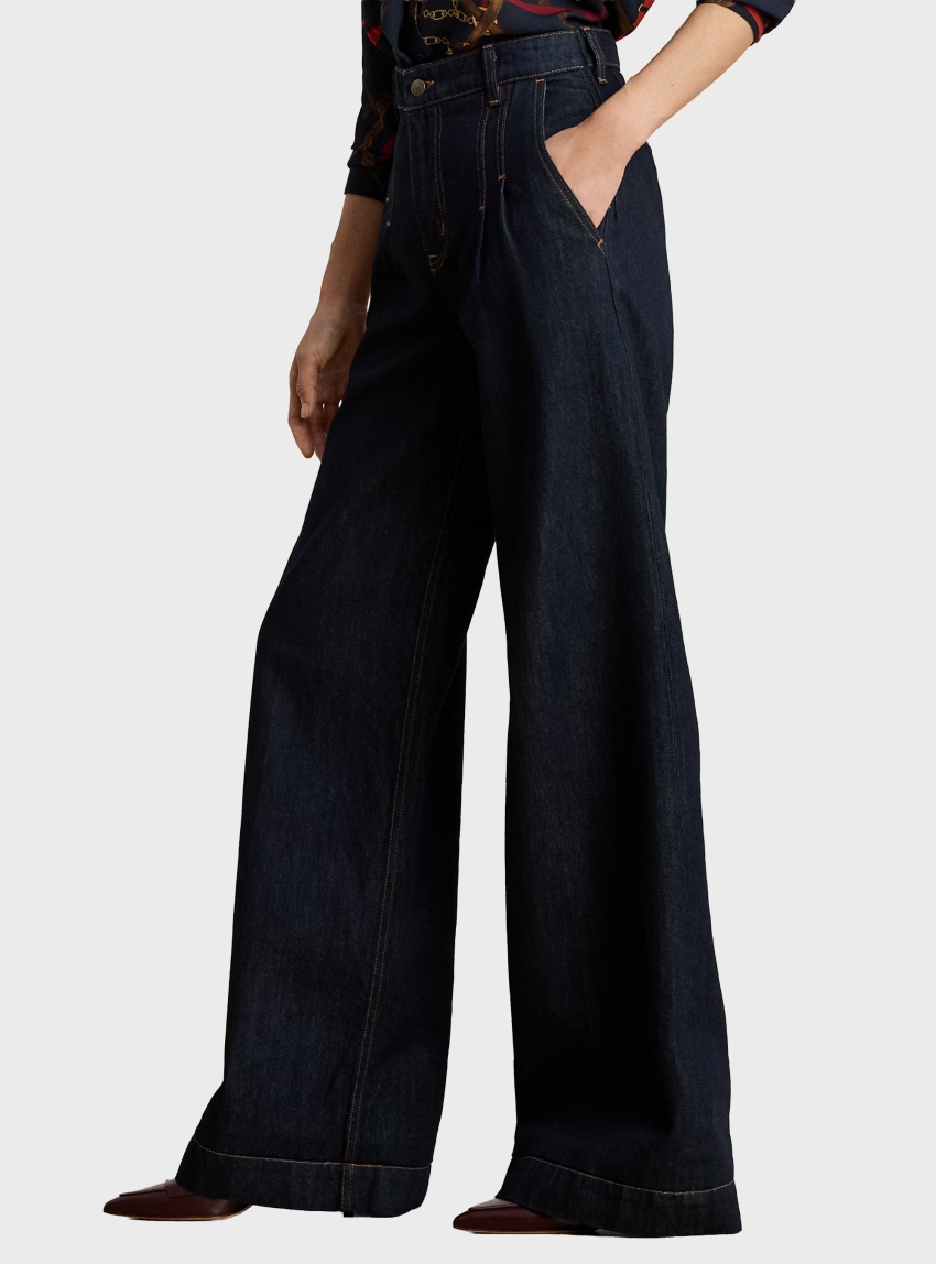 LAUREN Ralph Lauren Pleated High Rise Wide Leg Jeans - Unwashed Denim