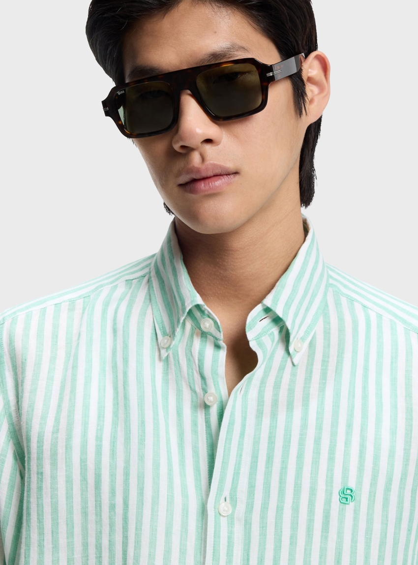 BOSS Regular-Fit Vertical Stripes Linen Shirt H-LIAM-BD-E-C1-261 - Green
