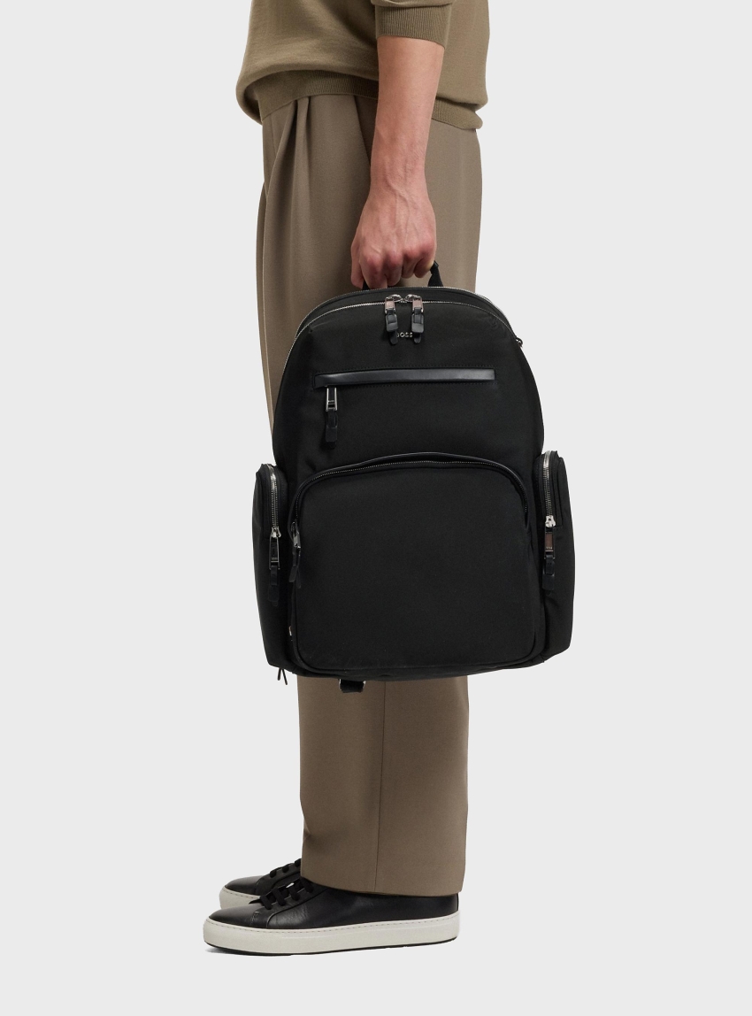 BOSS Leather-Trim Backpack With Silver-Tone Logo Lettering  Highway_N - Black