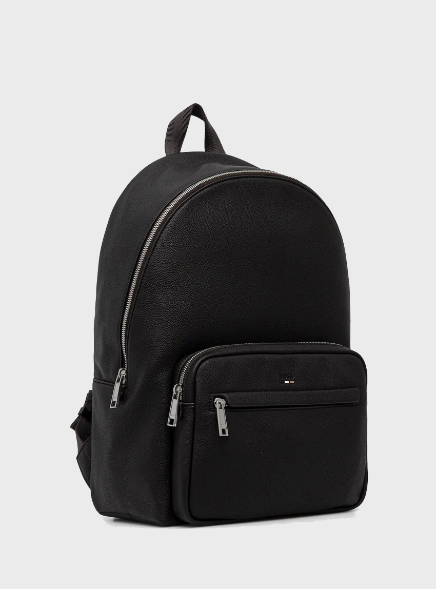 BOSS Faux-Leather Backpack With Tricolour Stripe Plates Ray - Black