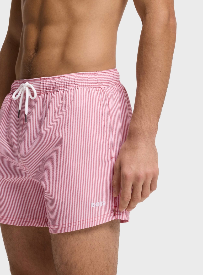 BOSS Swim Shorts In Seersucker Fabric With Embroidered Logo Velvetfish - Red
