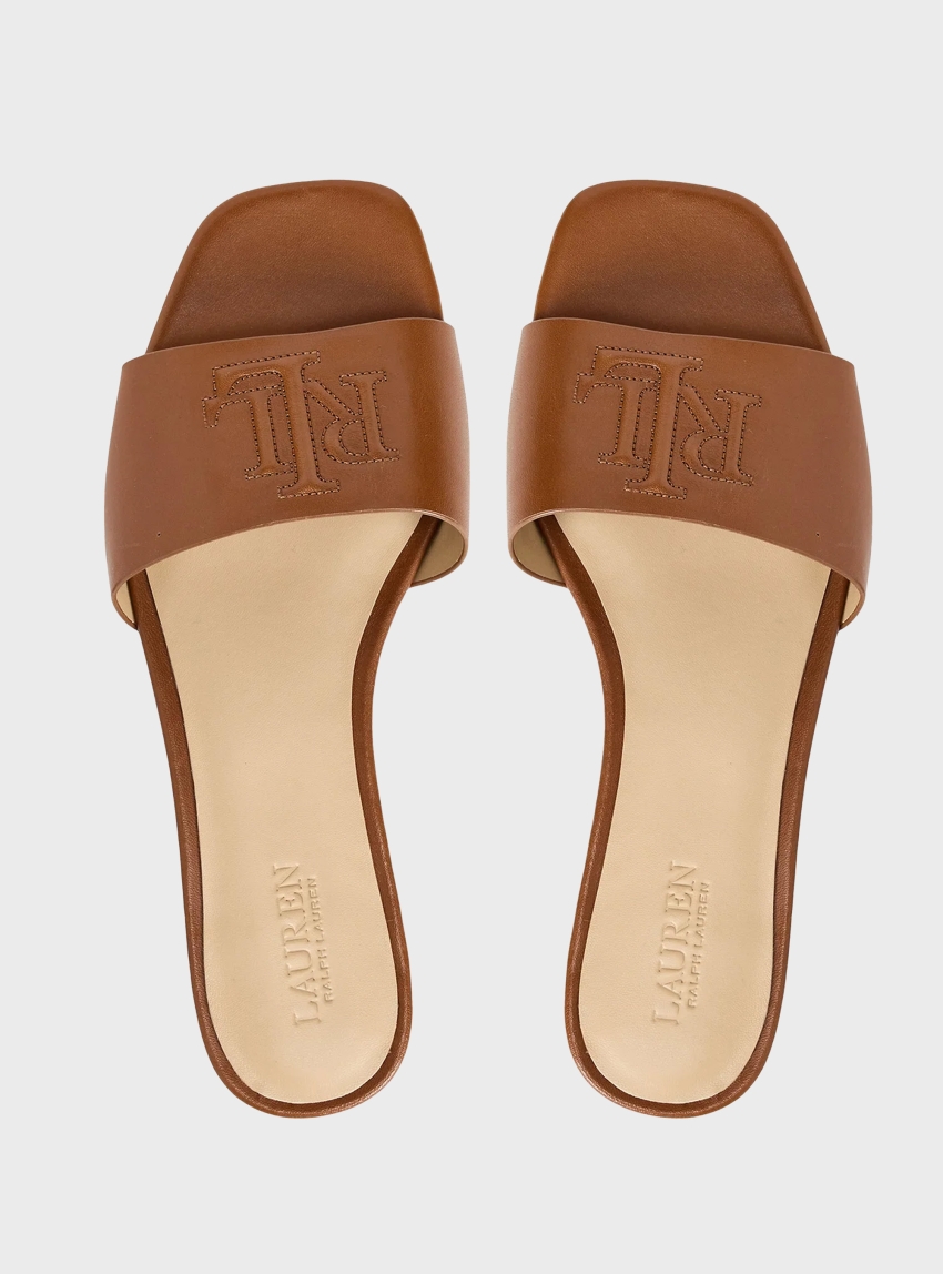 LAUREN Ralph Lauren Everley Calfskin Slide Sandals - Tan