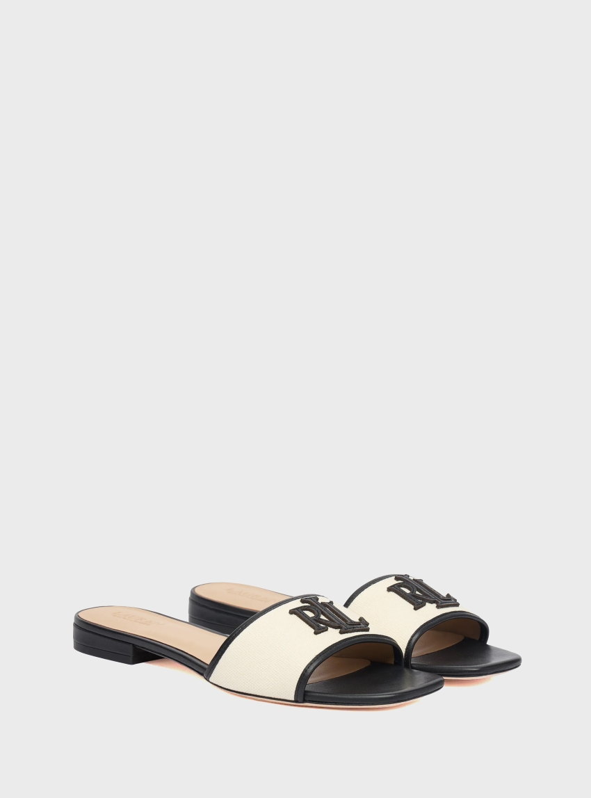 LAUREN Ralph Lauren Everley Leather-Trim Canvas Slide Sandals - Natural