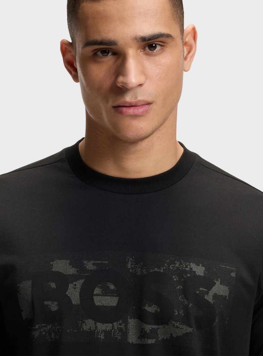 BOSS Stretch-Cotton T-Shirt With Logo Artwork  TS_Globe LogoPattern - Black