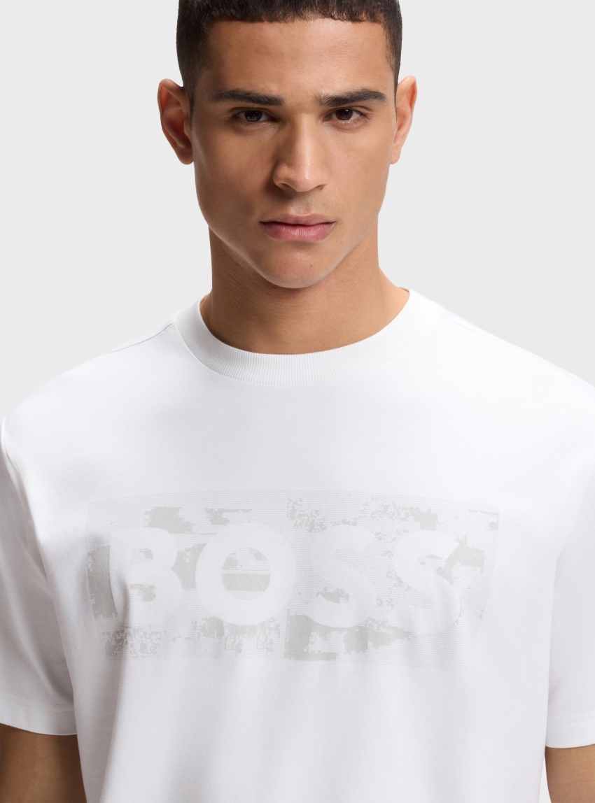 BOSS Stretch-Cotton T-Shirt With Logo Artwork  TS_Globe LogoPattern - White