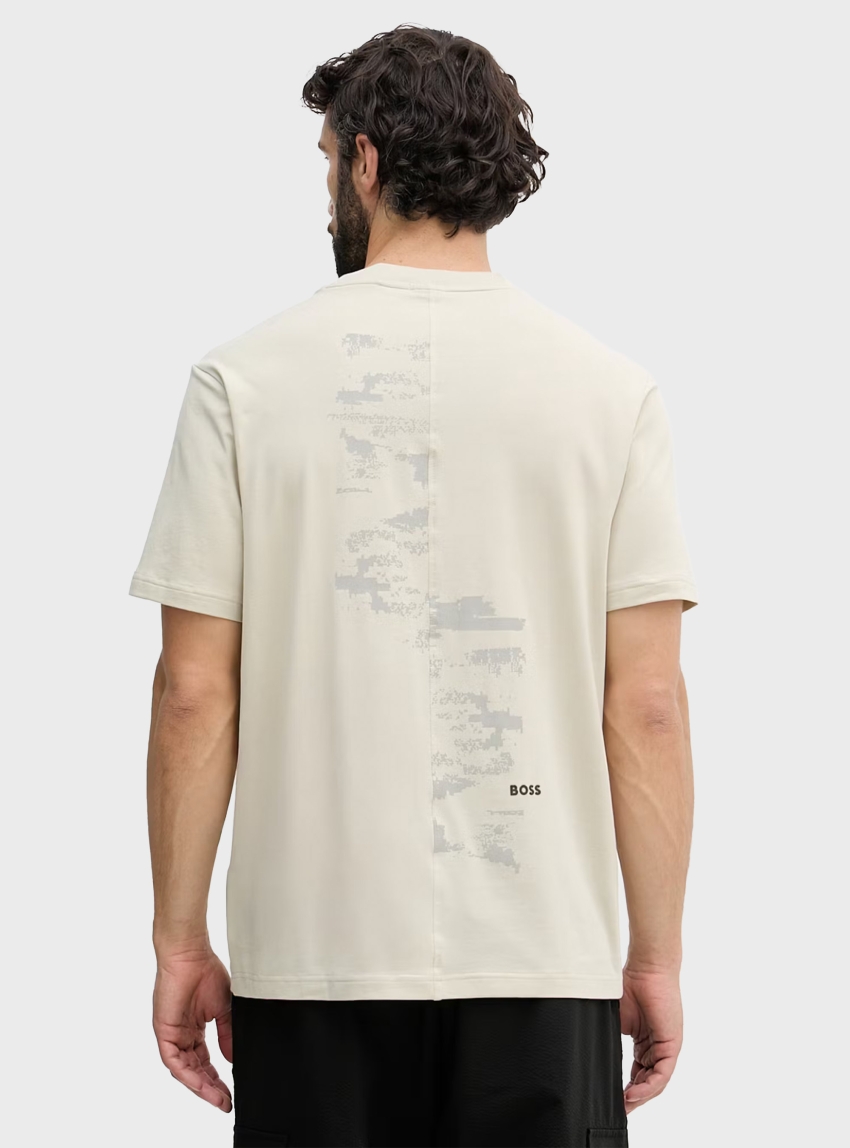 BOSS Relaxed-Fit Cotton-Blend T-Shirt With Reflective Artwork  TS_Globe Pattern - Light Beige
