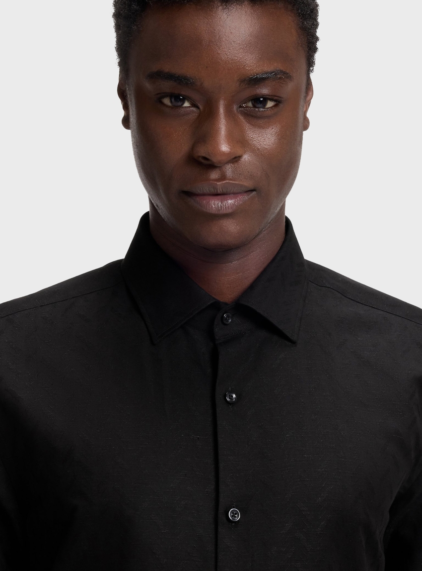 HUGO Slim-Fit Shirt In Cotton-Linen Jacquard  Kenno - Black